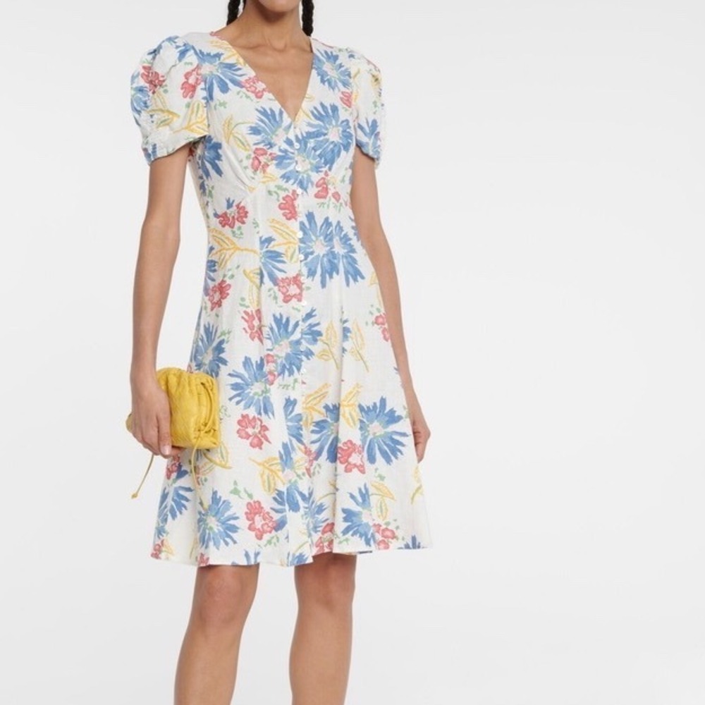 Polo Ralph Lauren Floral Linen Button Front Puff Sleeve Dress White Blue 6 - Picture 2 of 8